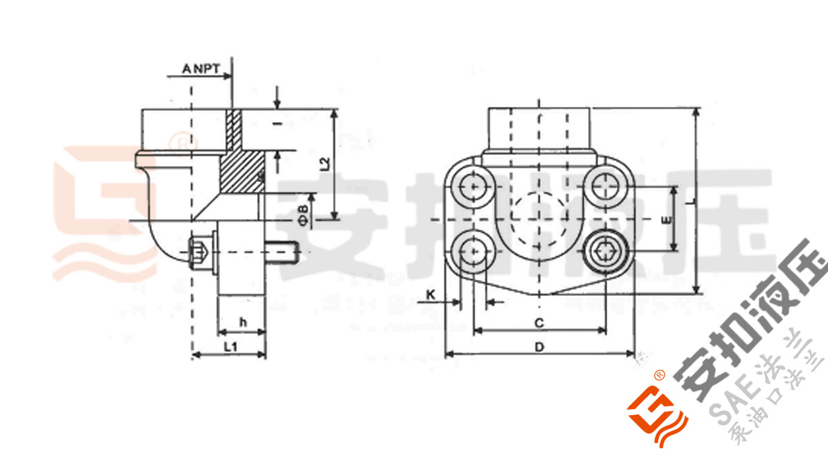 SAE90度螺纹法兰 NPT螺纹 带环槽技术规格尺寸图