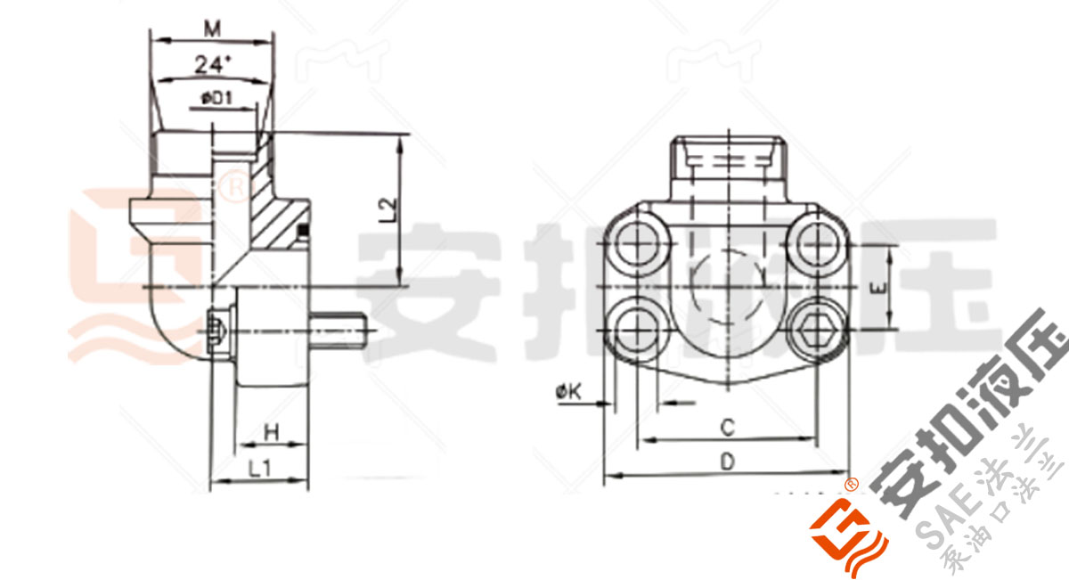 SAE 90°螺纹法兰 24° 带环槽-H头技术规格尺寸图