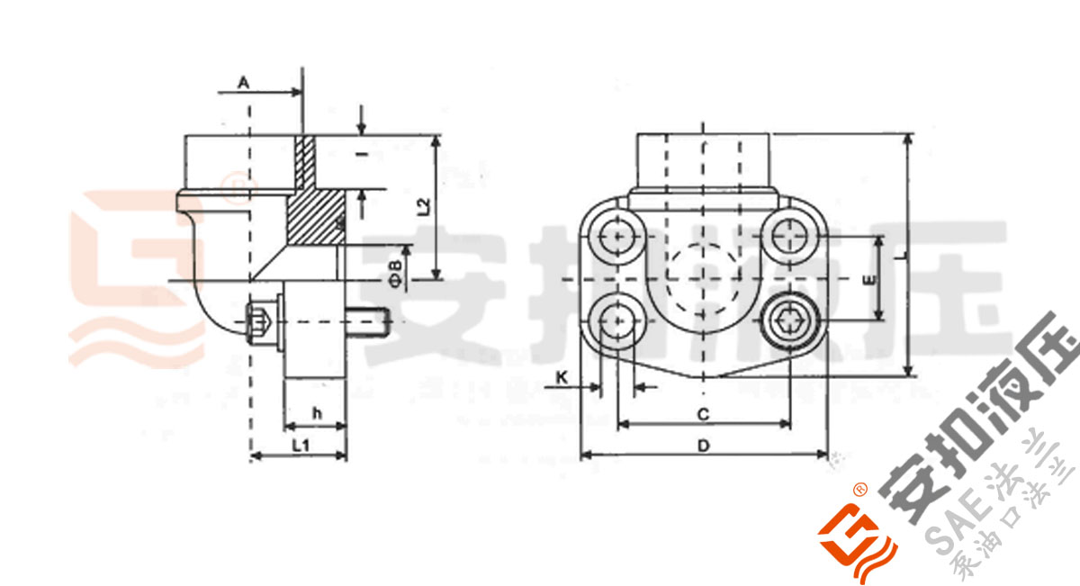 SAE90度螺纹法兰 G螺纹 带环槽技术规格尺寸图