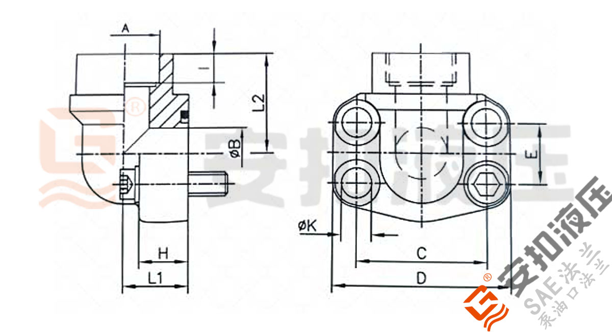 SAE90度焊接法兰 有环槽技术规格尺寸图
