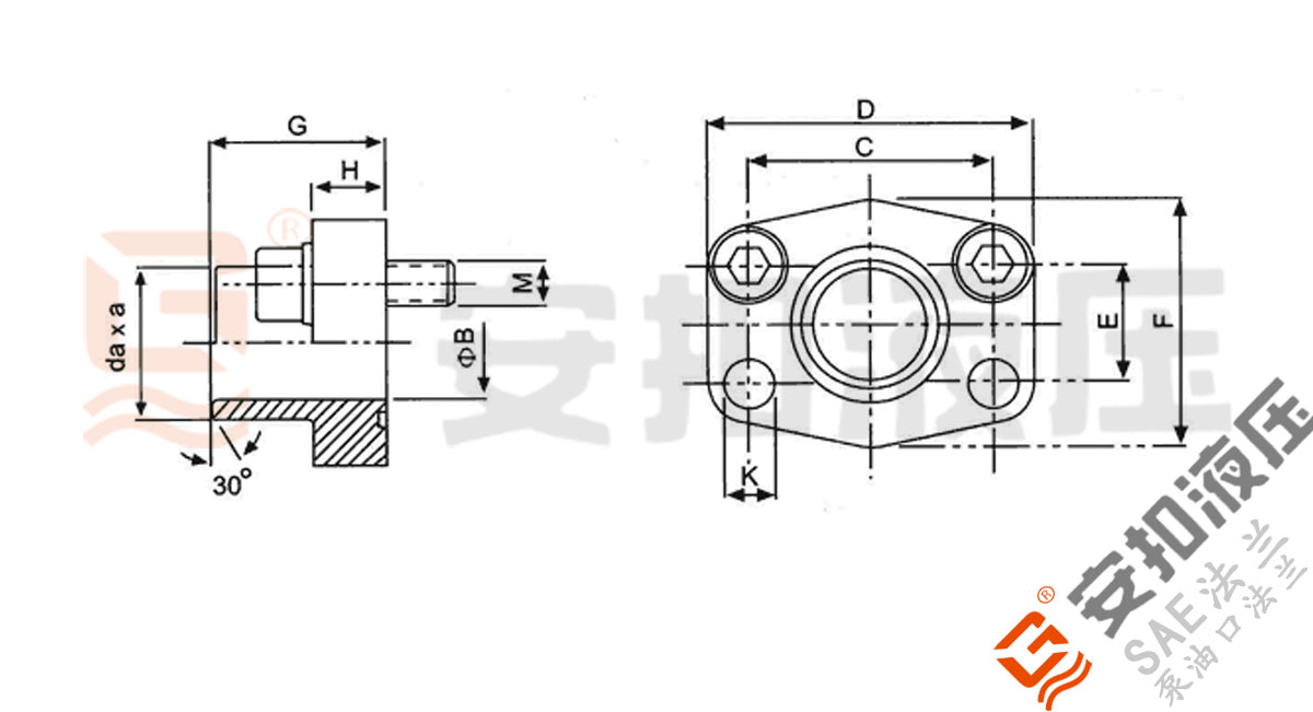 SAE焊接法兰 一体式技术规格尺寸图