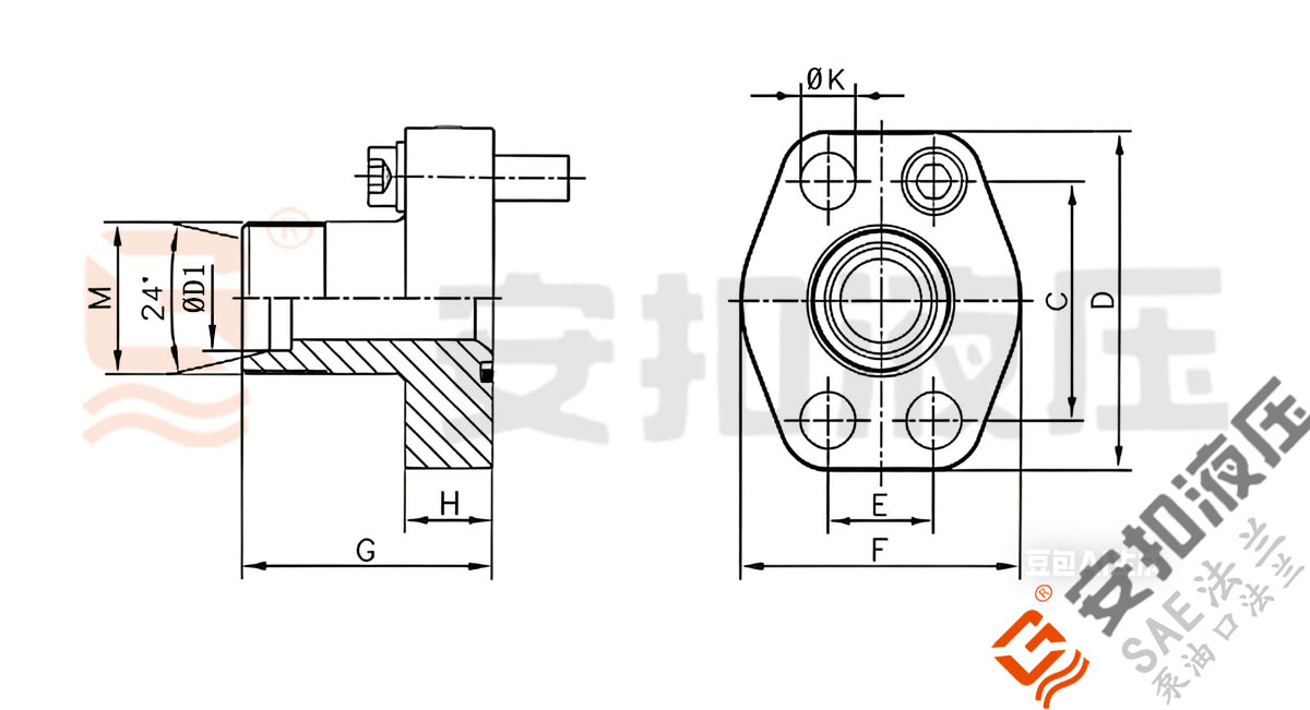 SAE法兰 直通SAE法兰 EO 24°锥密封技术规格尺寸图