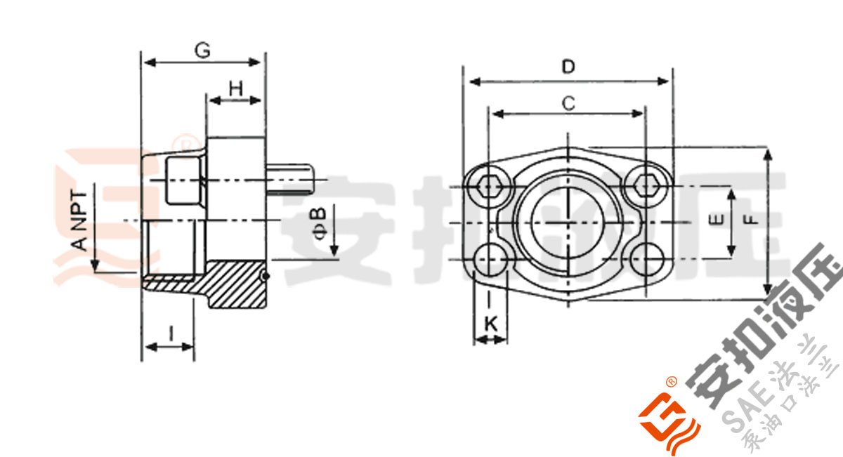 SAE螺纹法兰 NPT螺纹 带环槽技术规格尺寸图