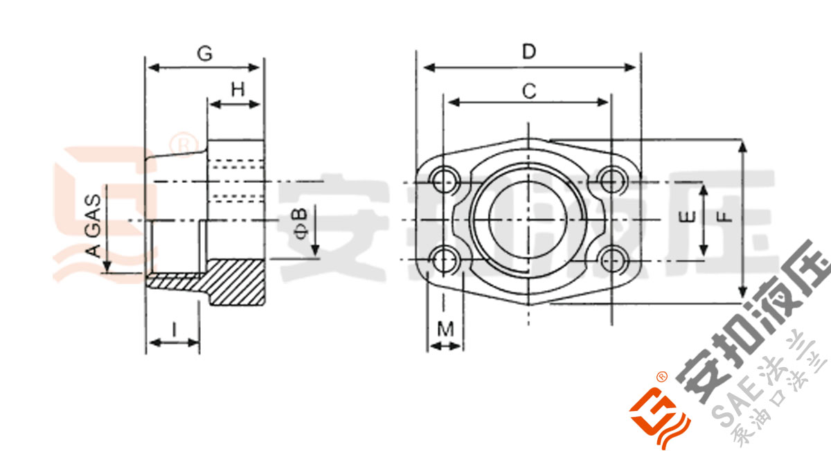 SAE内螺纹法兰 无槽 G螺纹技术规格尺寸图